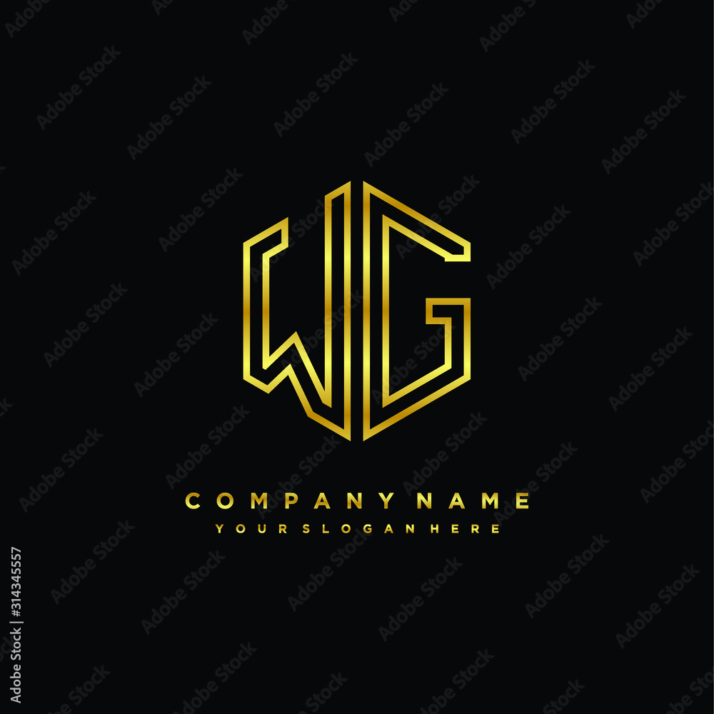 Initial letter WG , minimalist line art monogram hexagon logo, gold color Initial letter WG , minimalist line art monogram hexagon logo, gold color