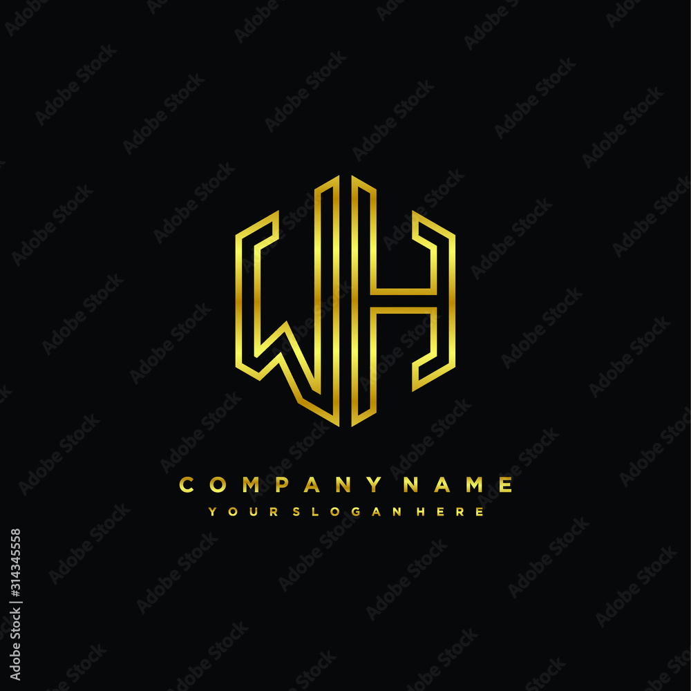 Initial letter WH , minimalist line art monogram hexagon logo, gold color