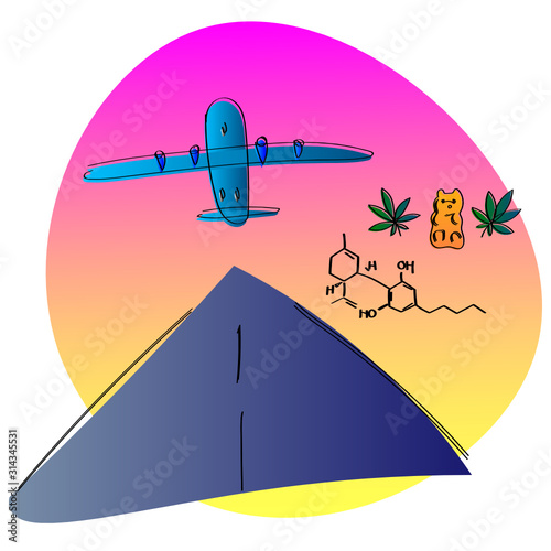 Bright symbolic minimalist illustration showing the use of CBD Cannabinoid while flying