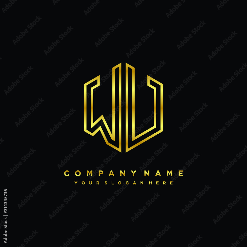 Initial letter WV , minimalist line art monogram hexagon logo, gold color
