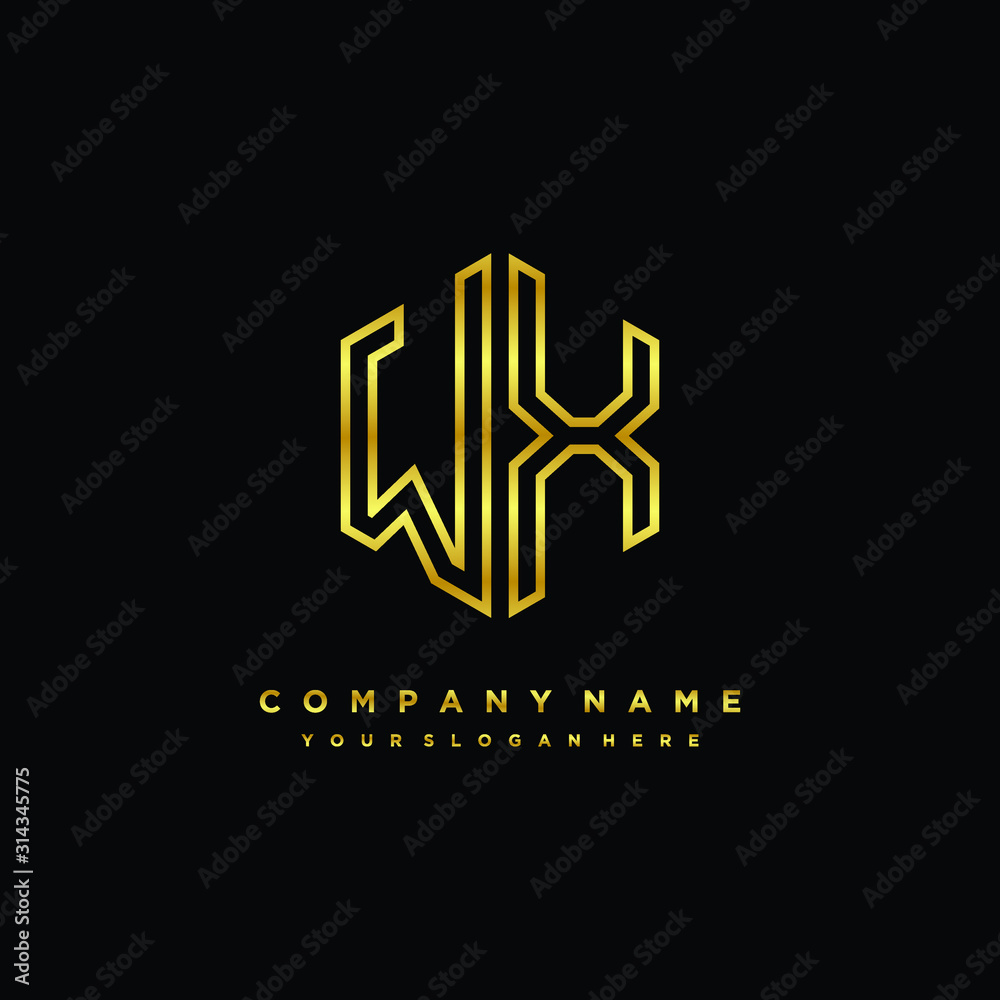 Initial letter WX , minimalist line art monogram hexagon logo, gold color