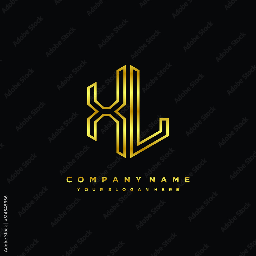 Initial letter XL, minimalist line art monogram hexagon logo, gold color