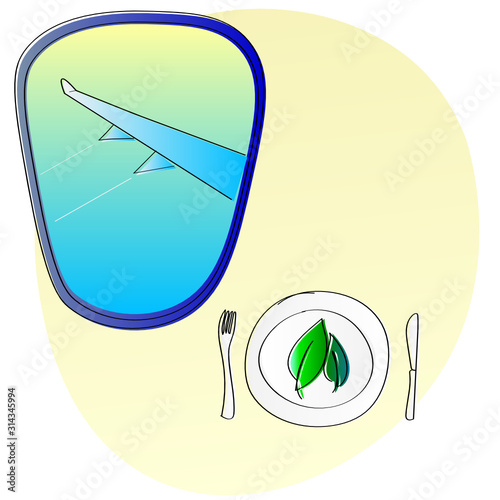 bright and minimalist illustration showing a healthy and well-balanced meal on board while flying