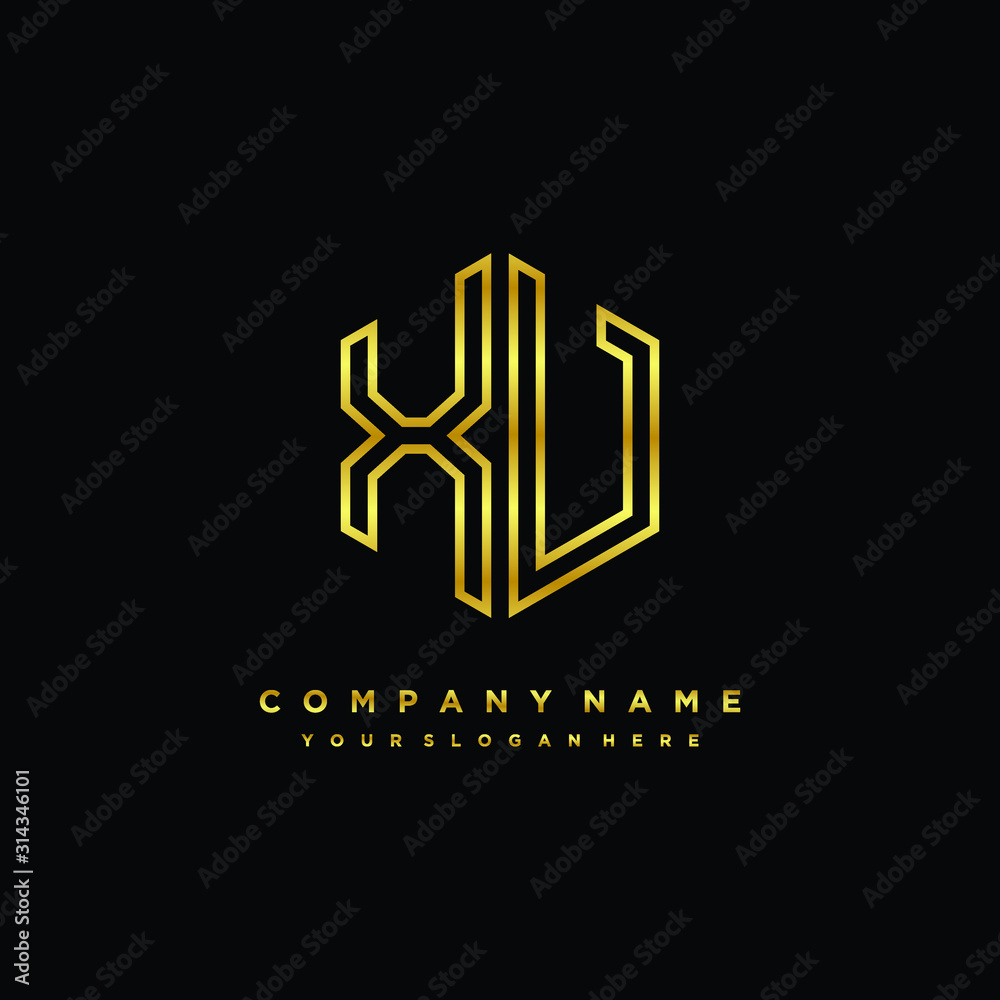 Initial letter XV, minimalist line art monogram hexagon logo, gold color Initial letter XV, minimalist line art monogram hexagon logo, gold color