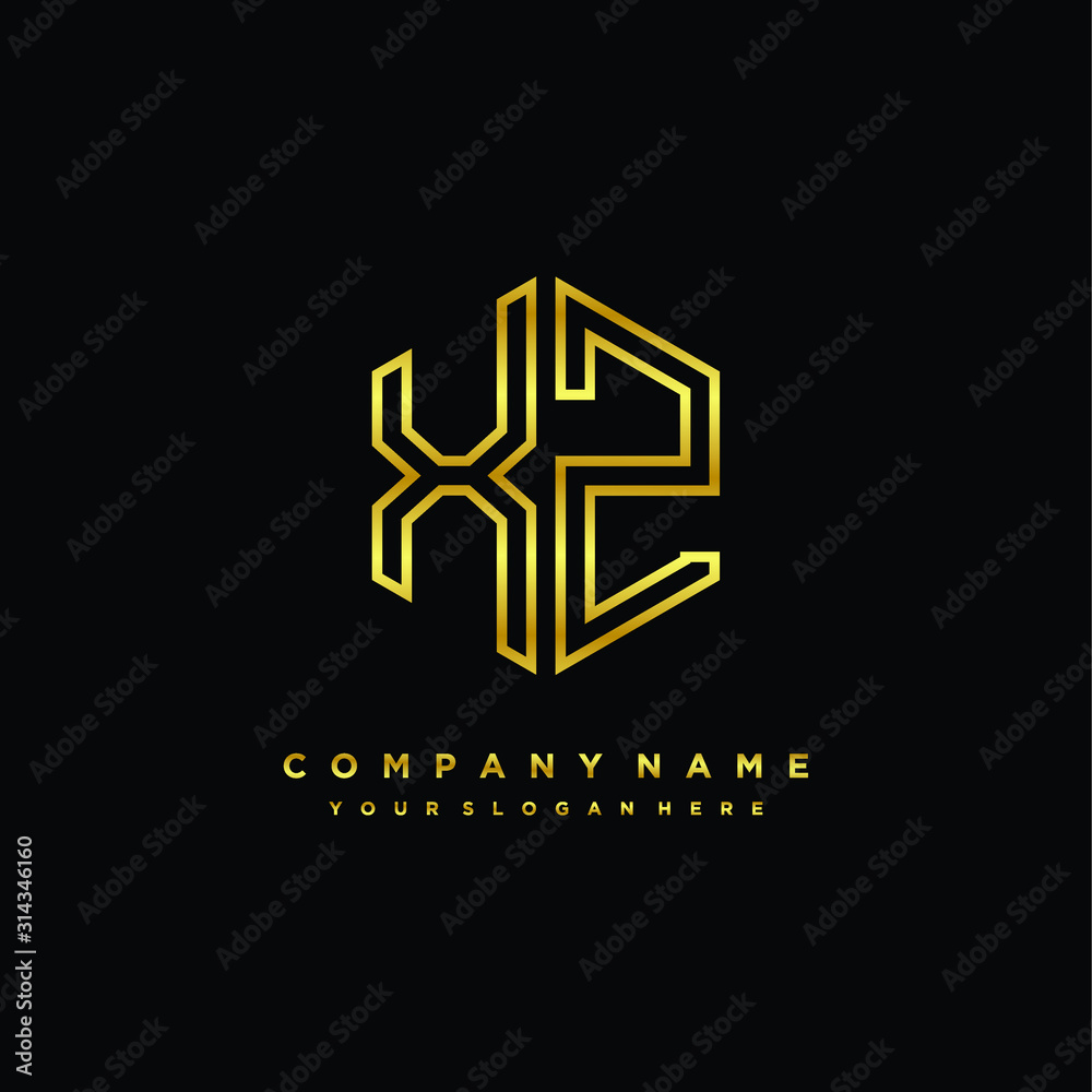 Initial letter XZ, minimalist line art monogram hexagon logo, gold color Initial letter XZ, minimalist line art monogram hexagon logo, gold color
