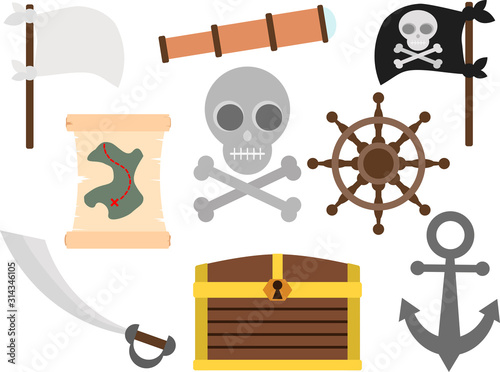  pirate, nautical attributes in a flat format. Sea robbers. Flag, Skull with bones, white flag, helm, treasure chest, saber, spyglass, treasure map.