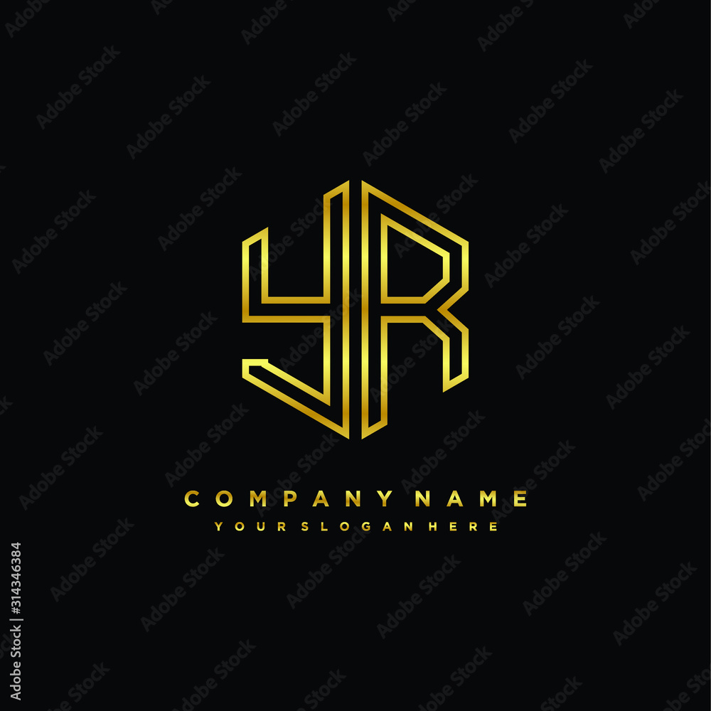 Initial letter YR , minimalist line art monogram hexagon logo, gold color