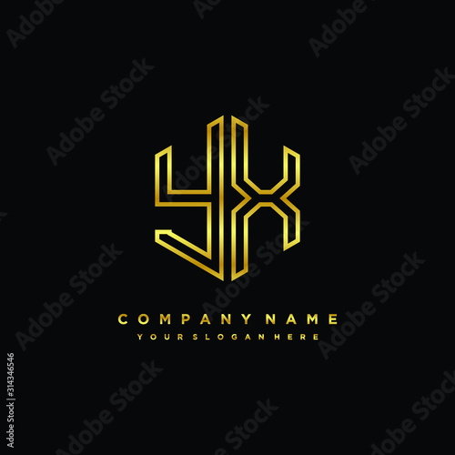 Initial letter YX , minimalist line art monogram hexagon logo, gold color