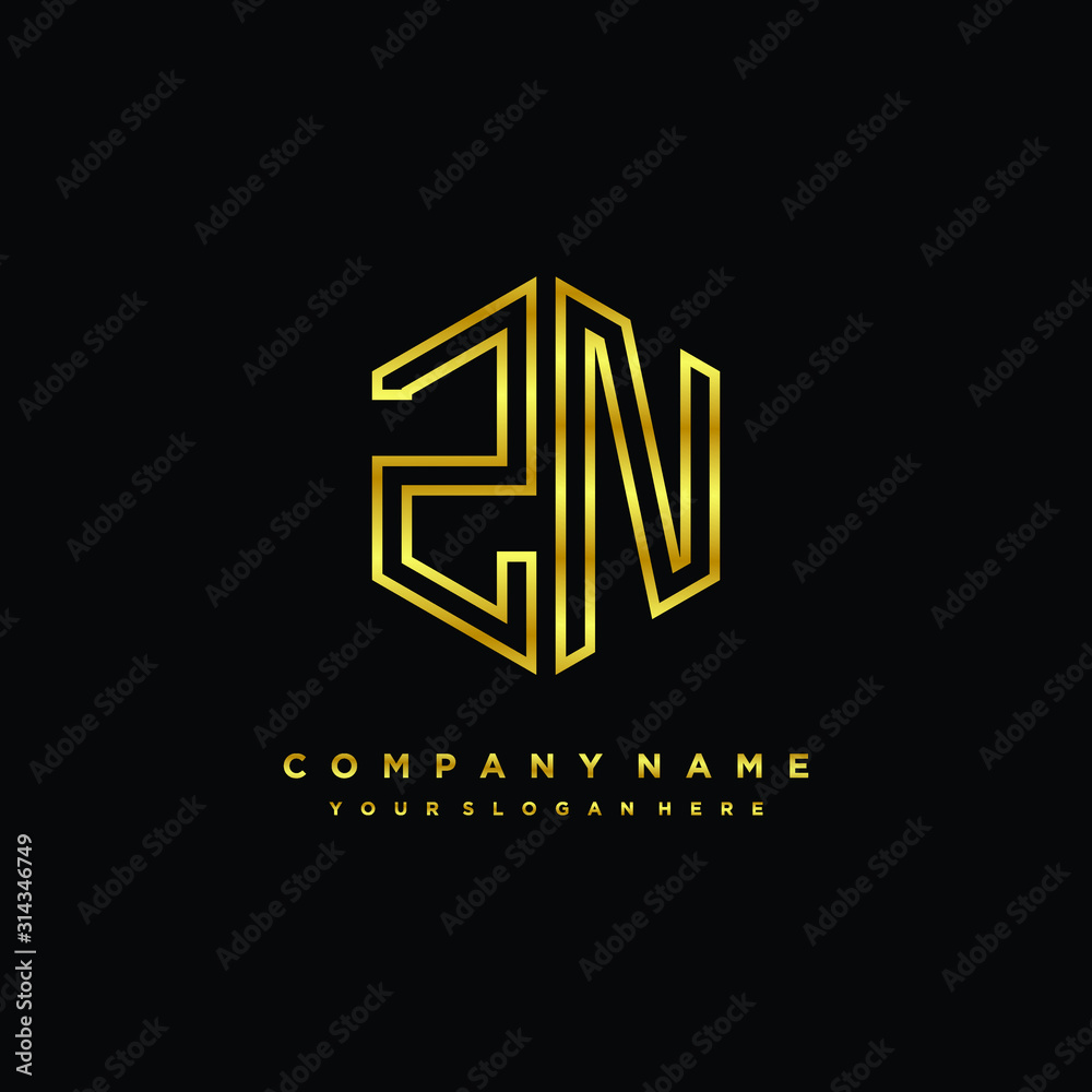 Initial letter ZN, minimalist line art monogram hexagon logo, gold color Initial letter ZN, minimalist line art monogram hexagon logo, gold color