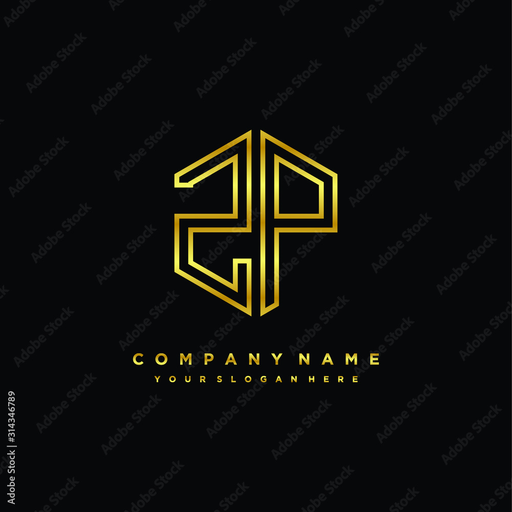 Initial letter ZP, minimalist line art monogram hexagon logo, gold color