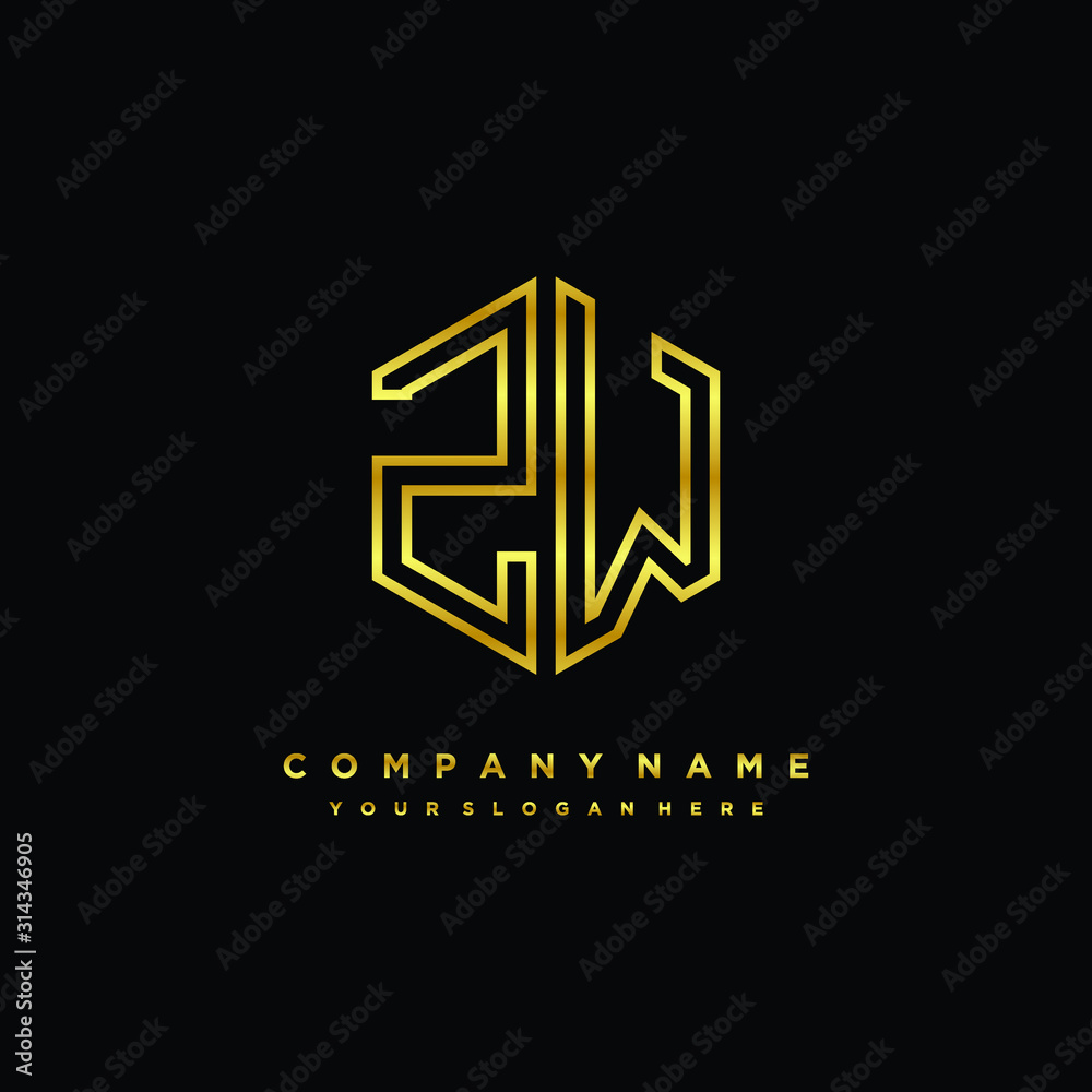 Initial letter ZW, minimalist line art monogram hexagon logo, gold color