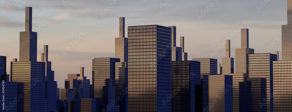Panoramic and perspectiveview to steel background of glass high rise building skyscraper city of future on sunset. Business concept of industry tech architecture. 3d rendering. 3d illustration