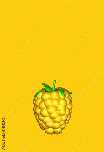 One yellow gold berry, Golden raspberry, blackberry, dewberry on yellow background. Gemstone design. Top view. Lighting. 3d illustration. 