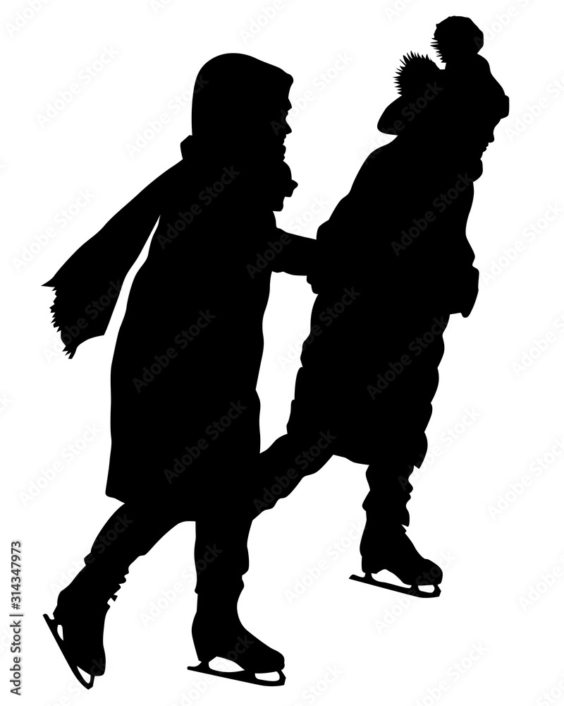 Children and ice skate. Isolated silhouettes of people on a white background