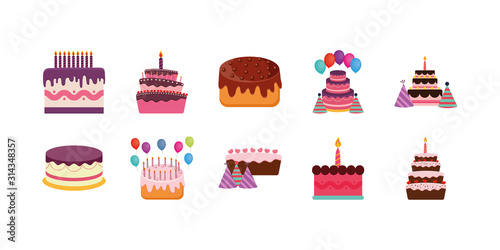 Happy birthday cakes icon set vector design