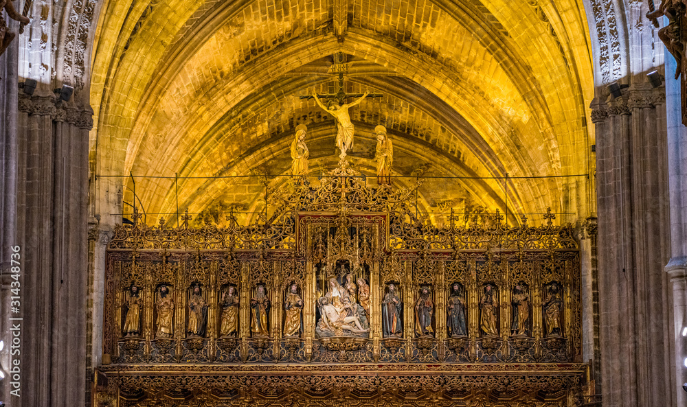 Indoor sight in the beautiful Seville Cathedral. Andalusia, Spain. July-05-2019