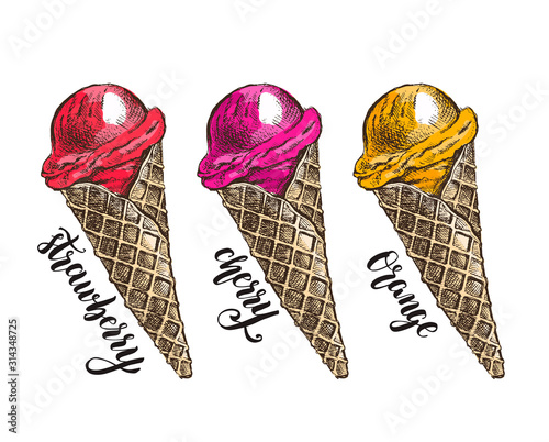 Ink hand drawn ice cream in a waffle cone. Set of italian gelato ice cream of different tastes - strawberry, cherry, orange. Vector illustration with brush calligraphy style lettering.