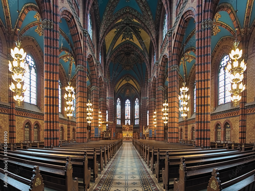 Interior of St. John's Church in Stockholm, Sweden. The brick church in the Neo-Gothic style was built in 1884-1890 by design of architect Carl Moller, and inaugurated on May 25, 1890.