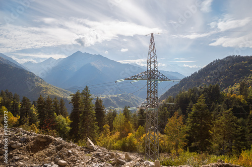 High voltage tower in mountains