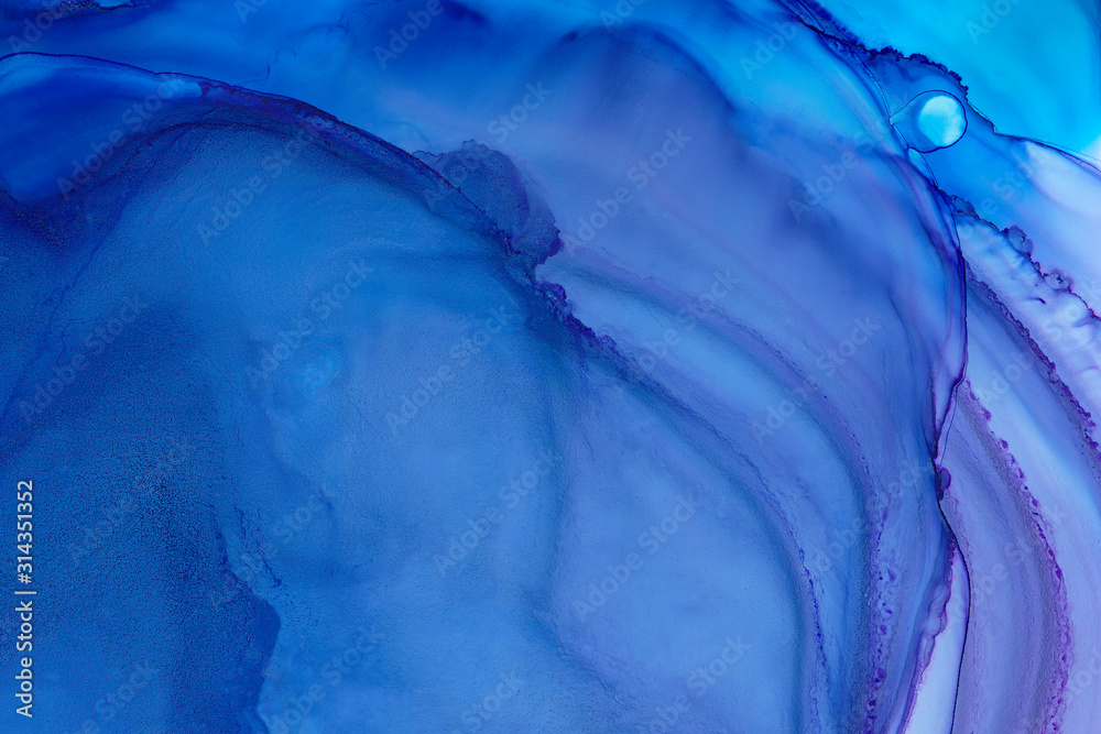 Fototapeta premium Blue and purple watercolor texture background. Hand drawn blue smears, splashes abstract texture, alcohol ink.