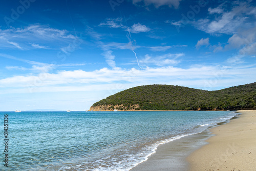 Fototapeta Naklejka Na Ścianę i Meble -  Sea coast in Vada, Tuscany, Italy. Mediterranean nature in summer day, blue, Tyrrhenian sea water on blue sky background. Vacations and nature concept. Copy space.