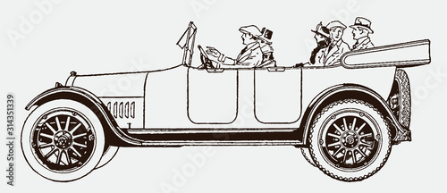 Five historical people driving antique touring car, after vintage engraving