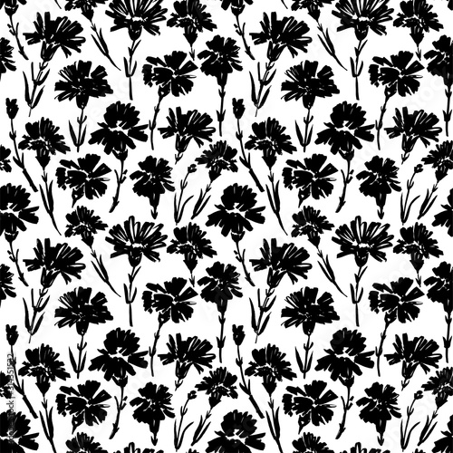 Carnation flower seamless pattern. Abstract brush strokes flowers background. Chamomile, daisy, chrysanthemums blooming.