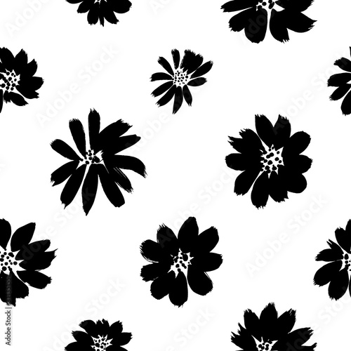 Ink drawing flowers hand drawn seamless pattern. Black and white ink brush vector texture. Grunge dry brushstroke drawing.