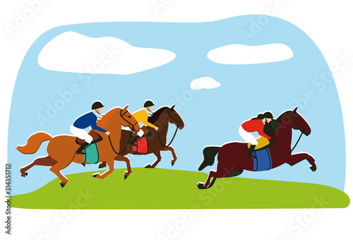 Equestrian  derby sport flat hand drawn color illustration. Stallion. Equestrianism. Racehorse hand drawn clipart. Horse racing competition.Professional jockeys  riders. Hippodrome  isolated
