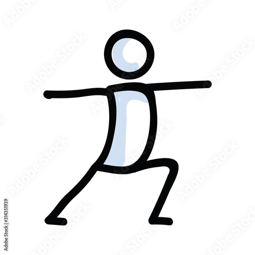 Hand Drawn Stick Figure Warrior Yoga Pose. Concept of Stretching Excercise for wellness Illustration. Simple Icon Motif of Relax Fitness Workout. Energy, Mind, Peace, Chakra Clip Art. Vector EPS 10. 