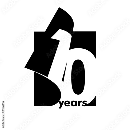 Isolated abstract logo 10 years. In the form of an open book, magazine. Happy greeting card for the 10th birthday. Black color writing on white background.