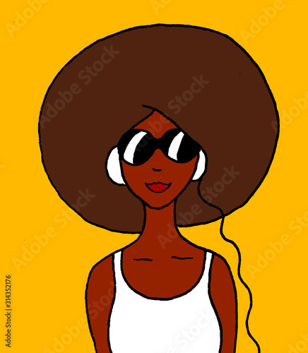 Illustration of a black girl with afro hair, sunglasses and headphones