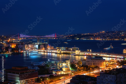 Night view of Istanbul, scenic cityscape with buildings in lights, bridge, bay and blue sky, Turkey. Image taken from popular terrace near the Suleymaniye mosque, outdoor travel background © larauhryn