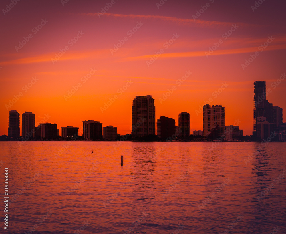 skyline city buildings cityscape downtown orange sky architecture night miami florida usa skyscraper sunset sunrise