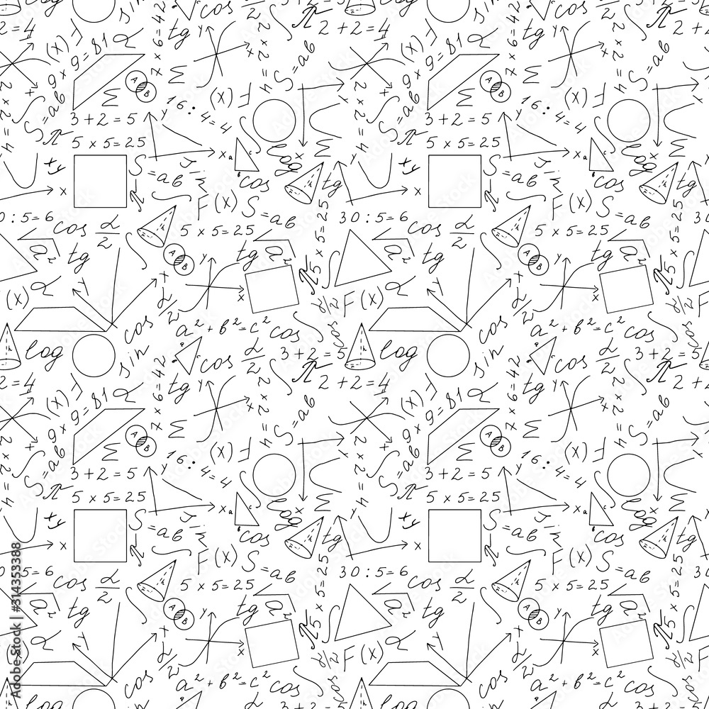 Math, physics seamless pattern on white background. Mathematical formulas, hand drawing line. Doodles. School records. Suitable for fabric and scrapbooking. Vector