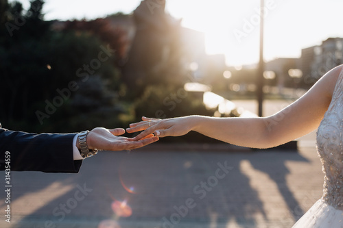 Newlyweds affectionate touch each other their hands