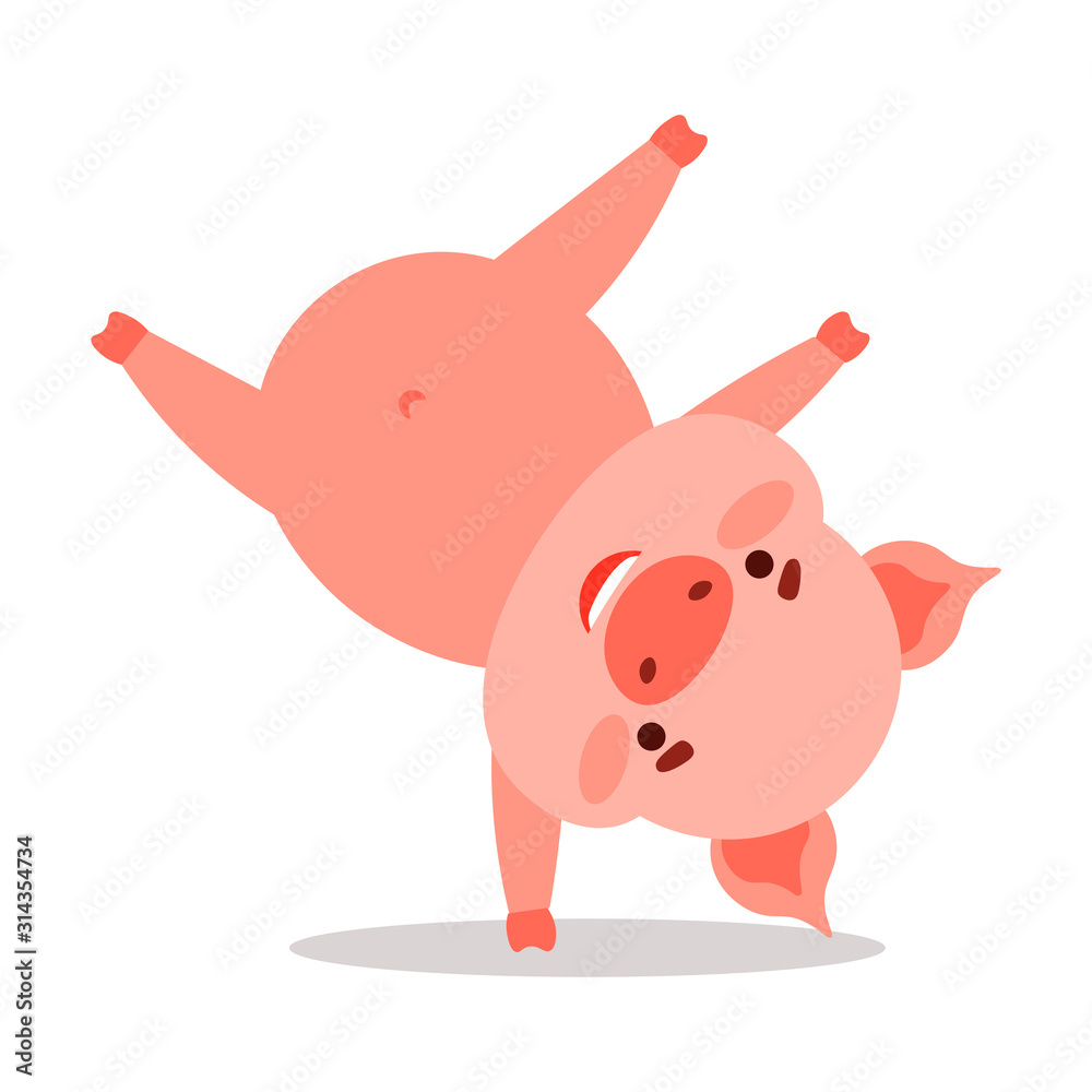 Cute pink piglet character standing upside down on one arm. Vector illustration isolated on white background Cute pink piglet character standing upside down on one arm. Vector illustration isolated on white background