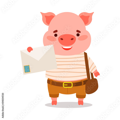Cute pink piglet postman in striped t-shirt holding mail letter. Vector illustration isolated on white background