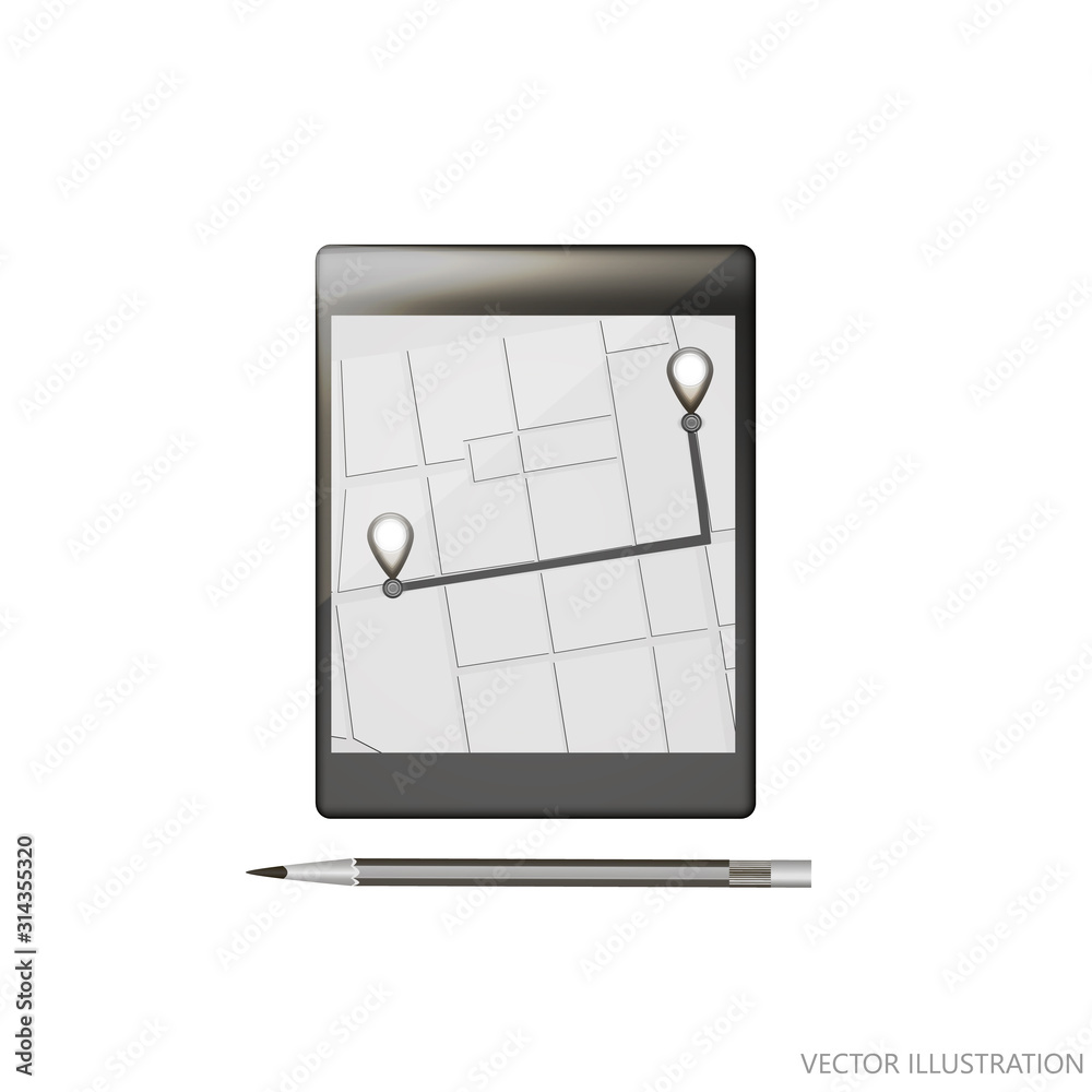 Mobile GPS navigation. Phone map application points on search map navigation. Isolated online maps on tablet. Vector Illustration in black and white colors. Stock Vector | Adobe Stock