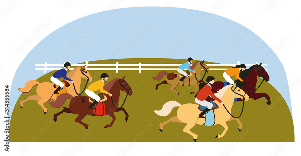 Naklejka premium Equestrian, derby sport flat hand drawn color illustration. Stallion. Equestrianism. Racehorse hand drawn clipart. Horse racing competition.Professional jockeys, riders. Hippodrome, isolated