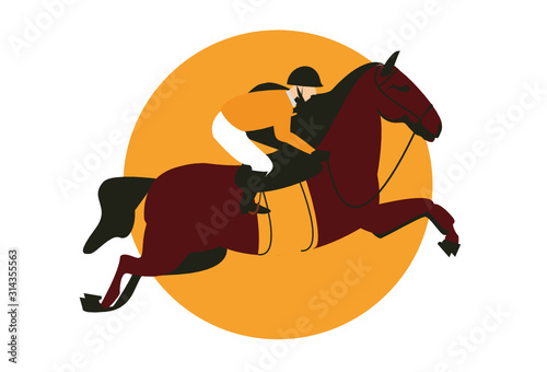 Equestrian, derby sport flat hand drawn color illustration. Stallion. Equestrianism. Racehorse hand drawn clipart. Horse racing competition.Professional jockeys, riders. Hippodrome, isolated. Vector