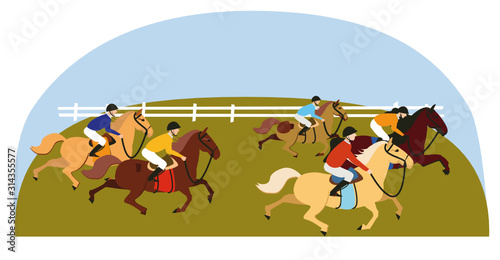 Equestrian, derby sport flat hand drawn color illustration. Stallion. Equestrianism. Racehorse hand drawn clipart. Horse racing competition.Professional jockeys, riders. Hippodrome, isolated. Vector