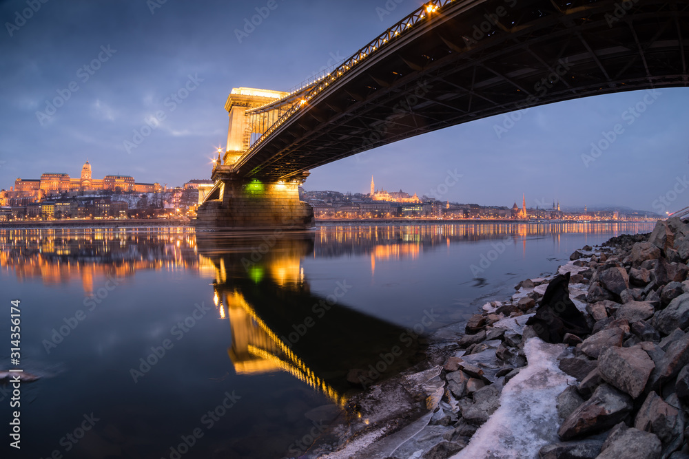 Ice flowing on river Danube at night