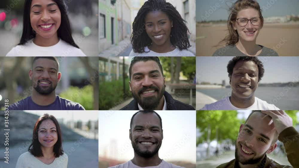 Collage of happy men and women smiling at camera. Multiscreen montage of cheerful diverse people posing and smiling at camera. Facial expression concept