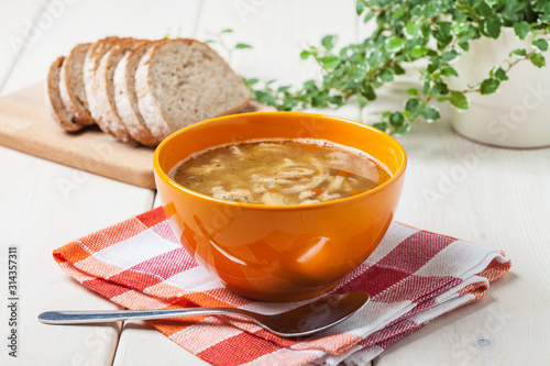 Fotografie Traditional polish tripe soup with vegetables.