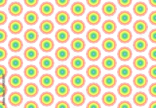 Watercolor seamless geometric pattern design illustration. Background texture. In blue, green, yellow, orange, red colors on white background.