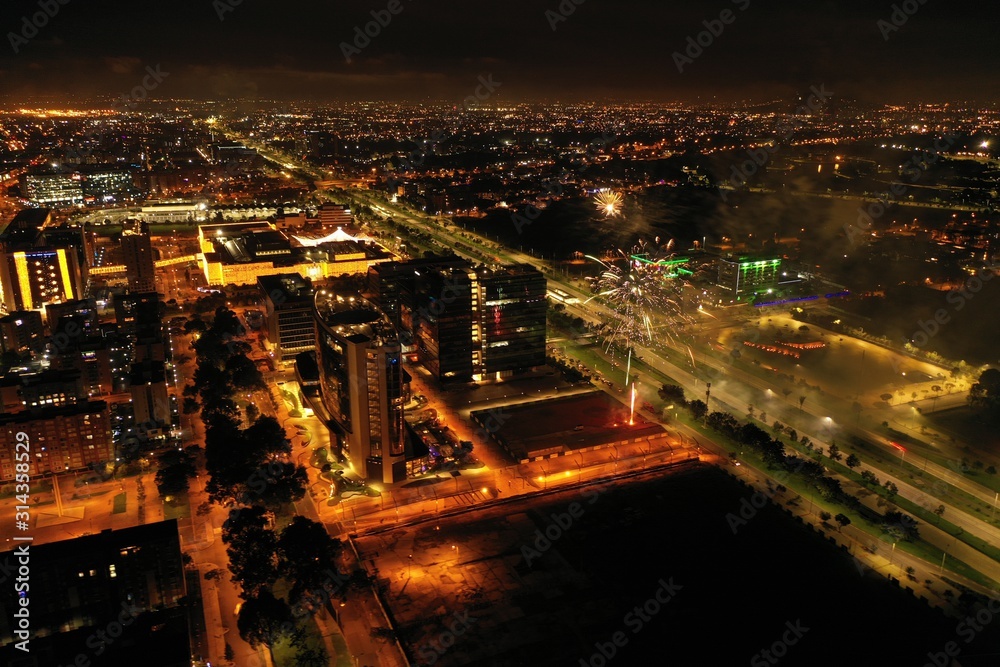Obraz premium Aerial Bogota Night and Fireworks