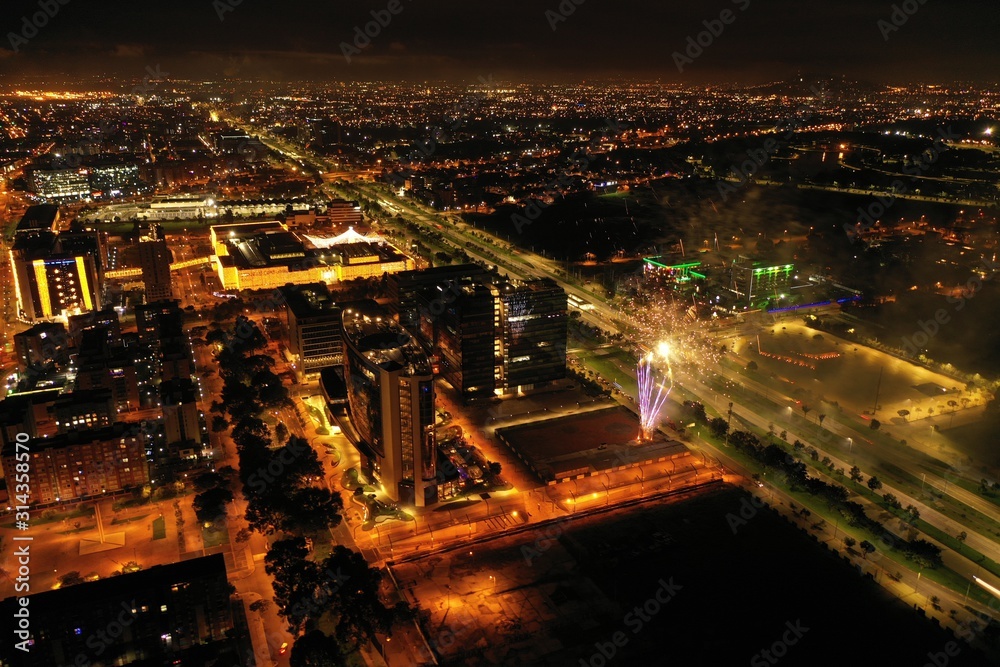 Aerial Bogota Night and Fireworks