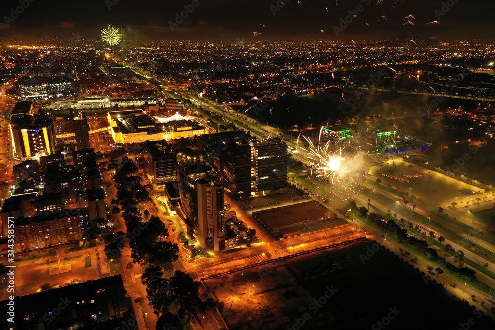 Fototapeta premium Aerial Bogota Night and Fireworks