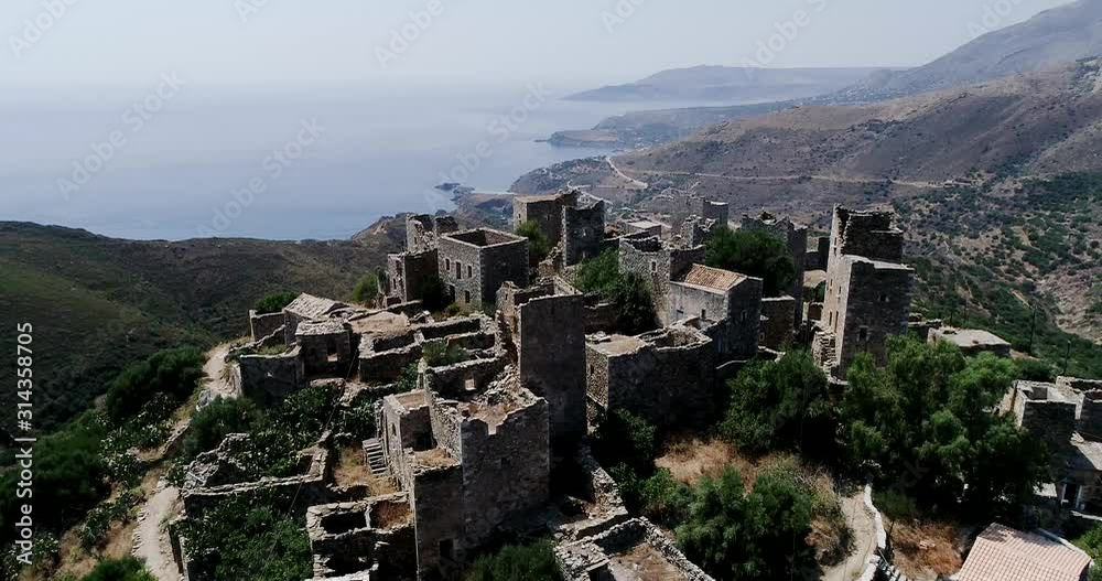 Aerial view the Vathia the impressive traditional village of Mani with the characteristic tower houses. Lakonia Peloponnese